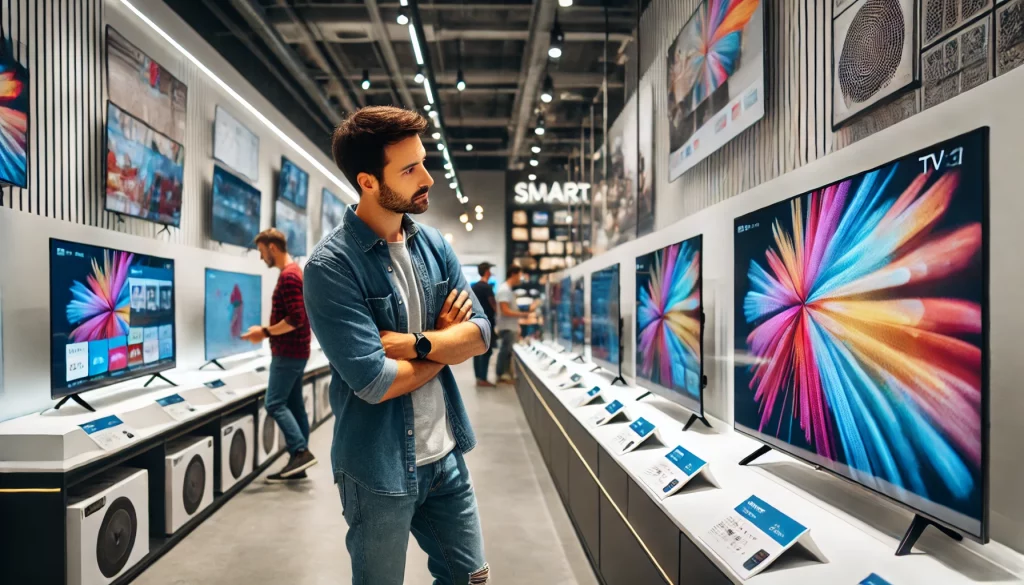 A-man-in-his-30s-with-short-dark-hair-and-casual-clothes-jeans-and-a-t-shirt-is-standing-in-an-electronics-store-choosing-a-smart-TV.-He-is-looking.